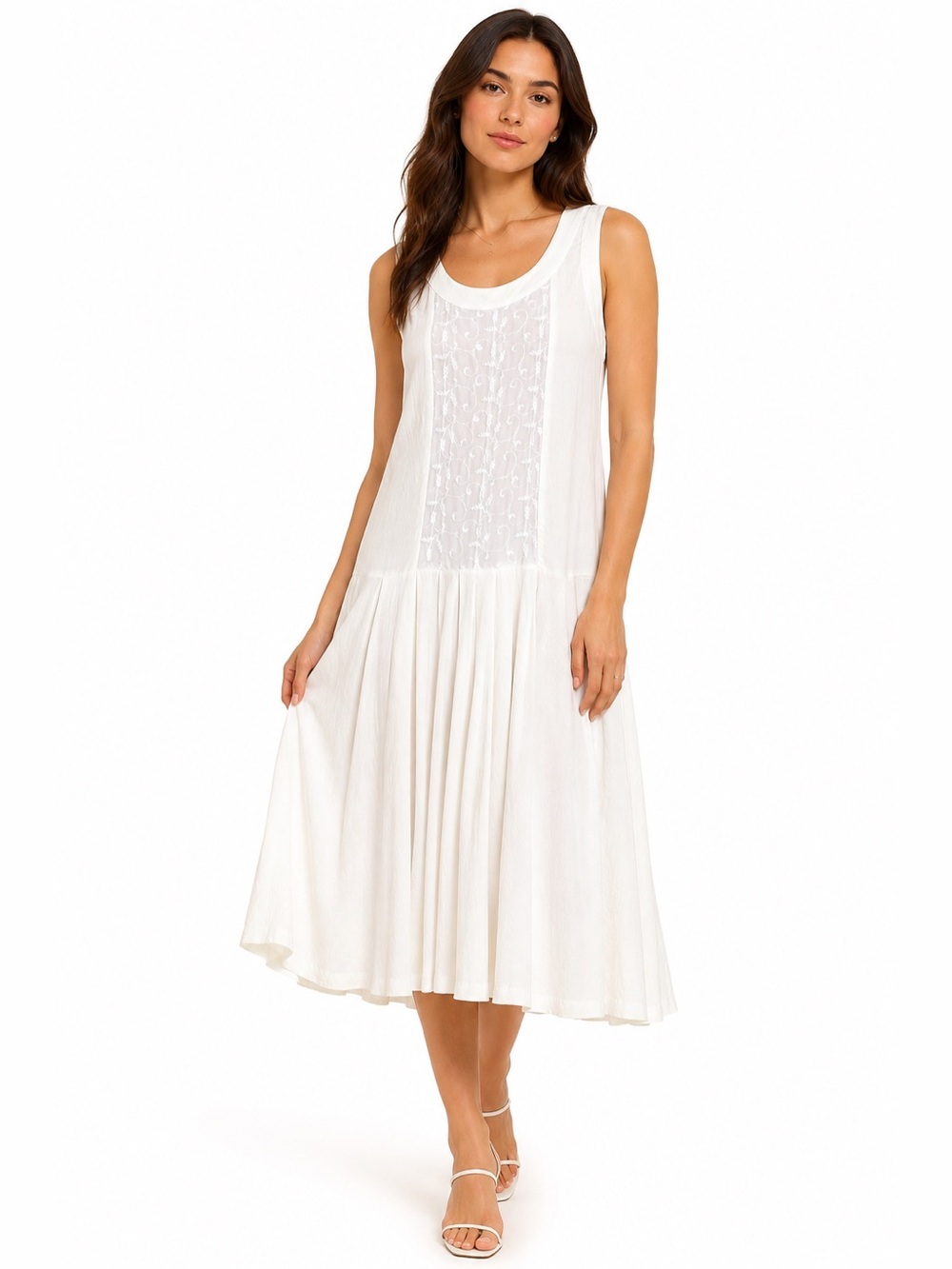 Vintage Carole Little Ivory Embroidered Drop Waist‎ Dress Cottagecore Romantic 4